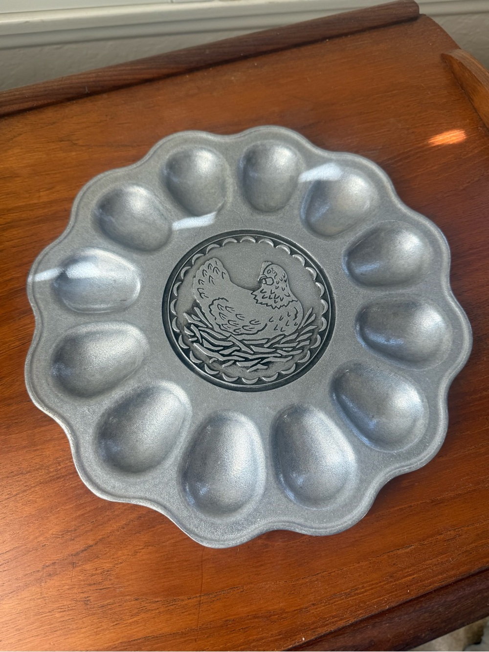 VINTAGE 1960's Wilton Armetale Heavy Pewter Egg Tray Platter Plate With Embossed